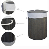 Panier à linge en bambou pliant rond de couleur grise avec poignée et sac à linge