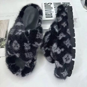 Women Mink Fur slippers Fashion Factory Wholesale <strong>Black</strong> Grey Pattern Fluffy Breathable Soft Plush <strong>Platform</strong> - Product Image 3
