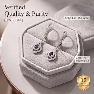 Pendientes colgantes de zafiro azul real hechos a medida, oro blanco macizo de 18 quilates, doble halo, diamantes pavé, joyería fina, regalo nupcial para ella - Product Image 3