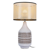 Lampe de chevet artistique moderne et créative pour chambre à coucher, avec ampoule halogène E26 E27, base en céramique et abat-jour en bambou