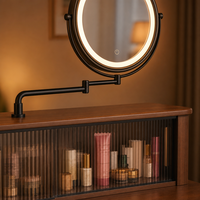 Coiffeuse moderne avec miroir LED à bras pivotant, vitrine en verre cannelé, armoire à 3 tiroirs verrouillable et tabouret