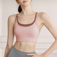 Soutien-gorge de sport respirant à double couche pour femme, bretelles fines, bordure contrastante, fermeture dorsale réglable, crop top pour yoga et entraînement