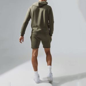 Conjunto de Sudadera con Capucha y Pantalones Cortos Casuales para Hombre, 100% Algodón Francés, Color Verde Oliva Invierno - Product Image 2