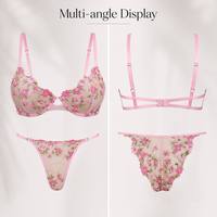 Conjunto de lencería gótica floral bordada de talle bajo con encaje, sujetador push-up de ganchillo con aros y tirantes ajustables para adultos