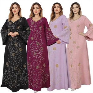Plus Size V Neck Abaya <b>Dress</b> Women Loose Fit Polyester Jalabiya Long Sleeve Solid Color <b>Rhinestone</b> Embroidery Muslim <b>Dress</b> - Product Image 1