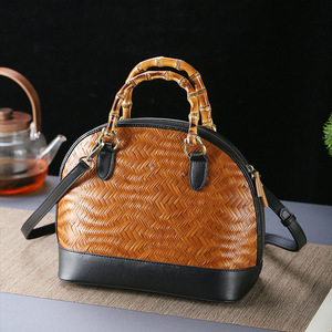 Chinese Style Bamboo Woven Tote Bag Handmade Cowhide Crossbody Bag Artistic Women's Bag Guizhou Origin - Product Image 1