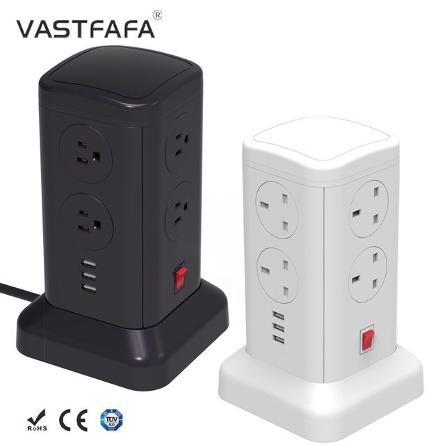 Vastfafa Professional American Tower Surge Protector Extension Socket 8 Outlets 6 USB Ports 15A 125V 90 Degree Power Strip