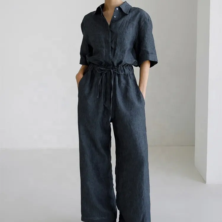 Baju monyet Linen lengan pendek wanita, Jumpsuit kemeja longgar mode musim semi musim panas