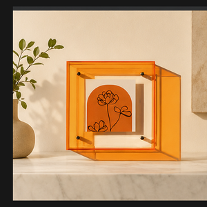 Cadre photo flottant carré en plastique transparent orange pour présentation d'art sur table ou étagère, décoration moderne pour la maison - Product Image 1