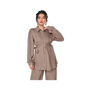 Conjunto de 2 Piezas Casual de Verano para Mujer, Estilo Oficina, Cuello Mao, Transpirable, Detalle de Botones, Camisa de Manga Larga Lisa - Product Image 1