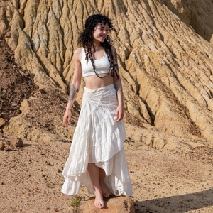 Vintage Cotton Mini <b>Skirt</b> with Elegant Asymmetric Wrap Silhouette Flowing Prairie Frill Detail for a Romantic <b>Boho</b> Look - Product Image 5