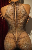 Monos-Justaucorps de danse skinny, brillant et extensible, combinaison une pièce avec strass, combinaison en maille pour femmes