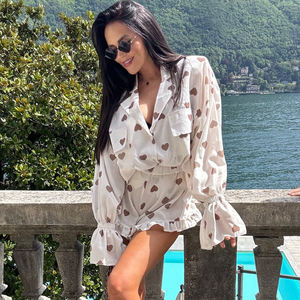 Usine En Gros Double Poitrine Poches Épaule Rembourré Manches <span class=keywords><strong>Évasée</strong></span>s Chemise Et Ourlet À Volants Été Automne 2 Pièces Ensemble Shorts Femmes - Product Image 3