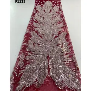 Sıcak satış el yapımı kırmızı örgü dantel ağır boncuk örgü kristal sequins dantel kumaş elbise yapımı için