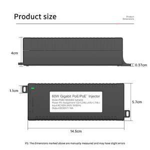 Adaptateur Ethernet 60W 52V 1.16A Injecteur PoE pour système de vidéosurveillance 10/100/1000Mbps Protocole standard IEEE802.3 Commutateurs réseau - Product Image 2
