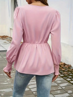 Chemisier décontracté d'automne pour femme, col en V, taille nouée, couleur unie, en polyester et fibre de vinaigre, vente en gros