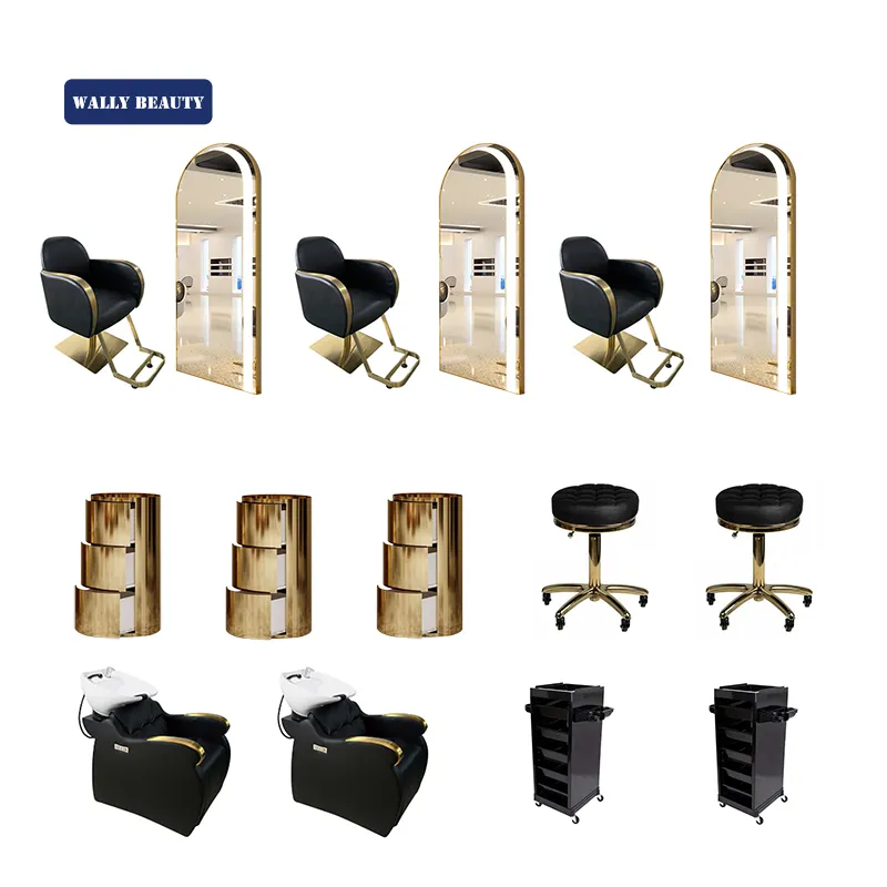 Wallybeauty New Design Hair Salon Equipment Furniture Sets Gold and Black Beauty Salon Furniture Package