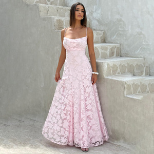 Elegant <b>White</b> Floral <b>Lace</b> Backless Maxi Dress Spaghetti Straps <b>Lace</b> Up Formal Wedding Bridesmaid Evening Gown - Product Image 1