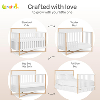 Lit bébé convertible 5-en-1 certifié JPMA, moderne, écologique, durable, en bois massif de chêne blanc, se transforme en lit pour tout-petit, lit de jour, canapé pour enfants