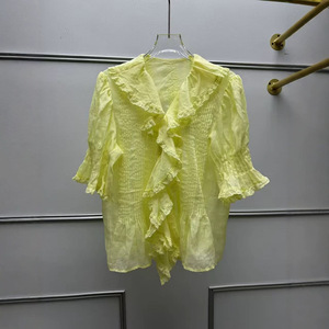 Blusa de lino tejida vintage francesa para mujer con encaje, manga globo y solapa con volantes, manga corta, ideal para verano. - Product Image 3