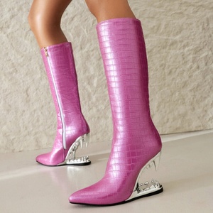 Botas altas hasta la rodilla para mujer con tacón de cuña, diseño de dientes, estampado animal, cremallera lateral y color liso - Product Image 5