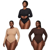 Body gainant grande taille à manches longues et dos nu, très élastique, effet ventre plat, sans coutures, en polyester pour femme adulte