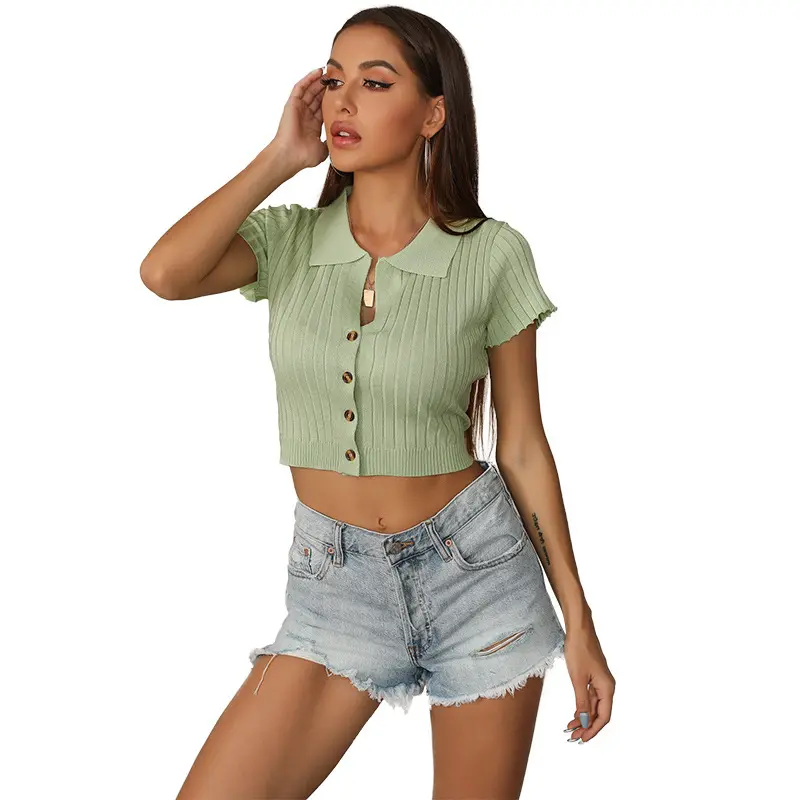 2022 Amazon yaz yeni düz renk yaka kısa kollu tişört kadın avrupa ve amerikan ince örgü dip gömlek