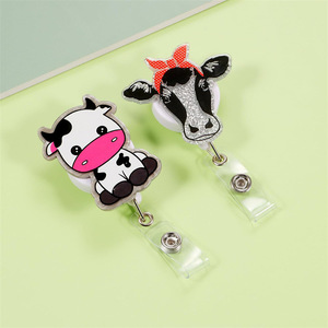 New cute cow badge scroll retractable <b>ID</b> <b>holder</b> acrylic easy-pull buckle glitter name tag pull cord wholesale - Product Image 2
