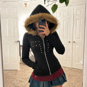Women's Printed Studded Hooded Zip-Up <b>Sweatshirt</b> Fuzzy Fur Collar Cropped Slim Fit Jacket <b>Retro</b> Streetwear Spring/Fall Outerwear - Product Image 1