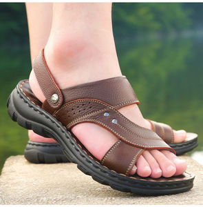 Sandales décontractées en cuir pour hommes de haute qualité, à bout ouvert, avec sangle réglable, antidérapantes, double usage, pour l'été, la plage, l'extérieur, confortables - Product Image 3