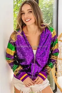 Loveda Großhandel Mardi Gras Kleidung individuelle Freizeitmode Pailletten Damen Reißverschluss Langärmelige Jacke für Party und Urlaub