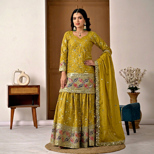 Yellow Embroidered Pakistani Lehenga Set Long Sleeve <b>Blouse</b> Dupatta Bridal Wedding Formal Dress - Product Image 1