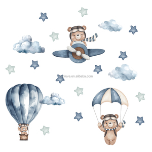 Pegatinas de <span class=keywords><strong>pared</strong></span> de globo de aire caliente de avión de dibujos animados de oso de peluche azul pegatinas autoadhesivas para habitación de niños <span class=keywords><strong>papel</strong></span> tapiz de PVC - Product Image 6