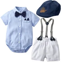 Newborn Clothes Baby Boy Summer Suit Sky Rompers + Hat + White Shorts Little Gentleman Clothing Sets