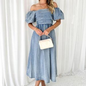 <span class=keywords><strong>Robe</strong></span> bandeau d'été décontractée personnalisée Loose Flare Ruffles Puff Short Sleeve Light Blue Maxi Jeans Solid Color Denim Breathable - Product Image 6