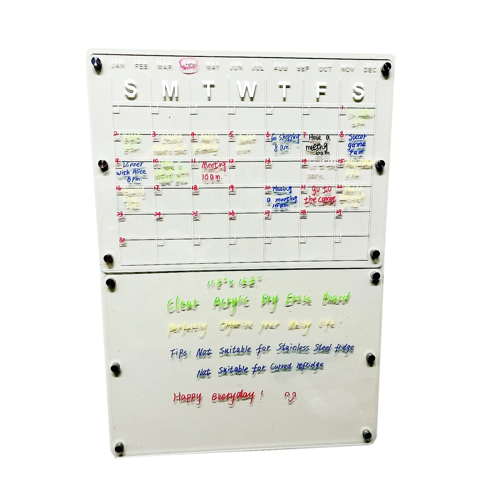 Acrílico magnético calendário mensal e semanal para geladeira, conjunto claro de 2 Dry Apagar Board Calendário para geladeira planejador reutilizável