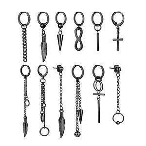 Pendientes de Aro con Colgante de Acero Inoxidable, Cadena Larga Negra, Conjunto de Joyería de Moda Unisex para Uso Diario - Product Image 1