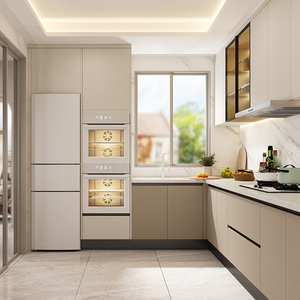 Ensemble <span class=keywords><strong>d</strong></span>'armoires de <span class=keywords><strong>cuisine</strong></span> beiges minimalistes modernes avec réfrigérateur et fours encastrés Santopova - Product Image 4