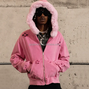 Hochwertige benutzer definierte bestickte Winter Zip Jacke Distressed Cropped Zipup Hoodies Schwere Unisex Pelzmütze Ripped Zip Up <span class=keywords><strong>Hoodie</strong></span> - Product Image 3