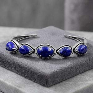 Gourik - Brazalete Abierto de Plata 925 con Lapislázuli Natural, Cabujón Ovalado de Varias Piedras, Oxidado, para Fiesta o Aniversario - Product Image 3