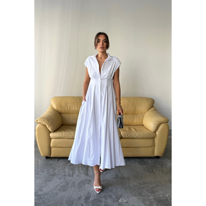 Robe en popeline blanche sans manches avec détail boutonné sur le devant, style ODM pour le bureau, taille XS, longueur au sol - Product Image 5