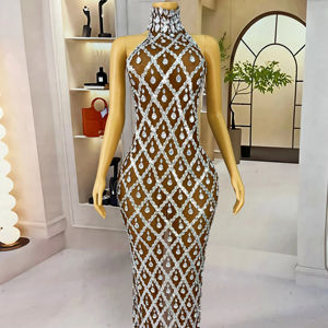 Sexy Funkelndes Diamant-Strass Ärmelloses Langes Empire-Taille Kleid Elegantes Mesh-Abendkleid für Hochzeit, Abschlussball und Geburtstag - Product Image 1