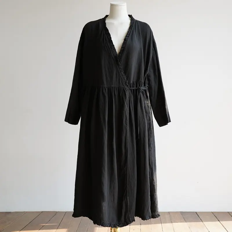 Personnalisé bas quantité minimale de commande décontracté dames lâche modeste robe à manches longues lin Maxi robes femmes été lin coton noir de haute qualité