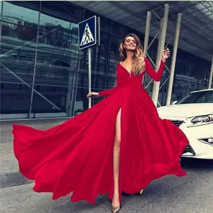 New Design Women Sexy V-neck Backless Slit Dresses Long Sleeve Solid Color Europe Evening Party Long Maxi Dress