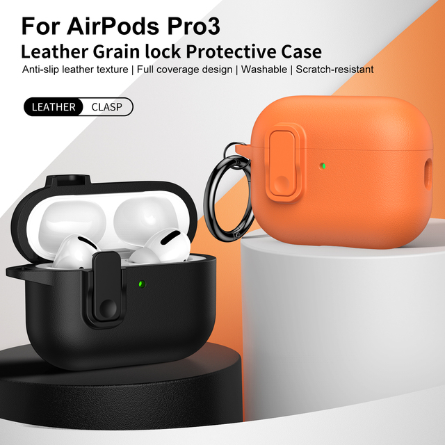 Slim ShockProof Anti-Fall Lock Design Earphone Case with Carabiner Wireless Charging PU Leather Cover for Airpods Pro 3 case