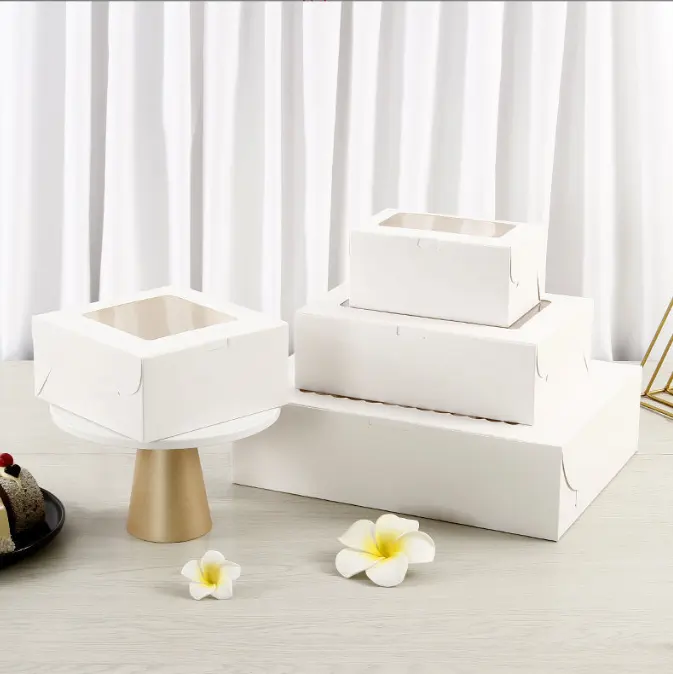 Коробочки для тортов с логотипом на заказ, с окном, коробочки для выпечки из белой бумаги, Кондитерские коробочки для пирожных, кексов
