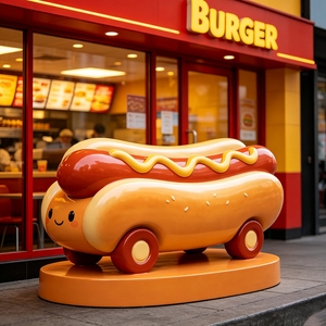 Escultura de Coche de Hot Dog de Fibra de Vidrio FRP F197, Diseño de Dibujos Animados, Accesorio Decorativo para Exhibición de Alimentos, Ideal para Tiendas de Comida Rápida, Fácil de Instalar, Personalizable - Product Image 1