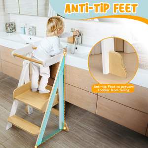 Torre de aprendizaje de madera para niños, torre de aprendizaje de madera de pie plegable para niños pequeños ajustable en rieles de seguridad de <span class=keywords><strong>4</strong></span> alturas - Product Image 5