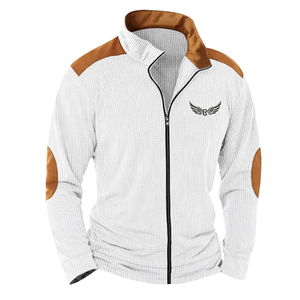 White Men's Sporty Long <b>Thin</b> Canvas Front Jacket with Brown Accents Stand Collar Zipper Embossed Logo Summer Wear - Product Image 1