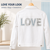 Patch Appliqué LOVE en Denim Bleu, Perles et Paillettes Argentées, Décoration Brodé à Coudre pour Vestes, Sacs et Projets DIY